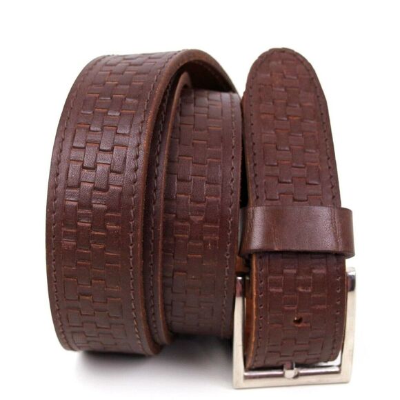 TEXTURED BASKET BROWN GENUINE LEATHER 1 3/8"Wd DRESS CASUAL BELT Sz 42 (A66 - Picture 1 of 10
